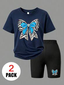 2 Stück/Set Mädchen süßes, niedliches Schleife T-Shirt + Shorts, weicher, angenehmer Stoff, Sommer Schule Alltags 2-teiliges Set für Teenager - Verschiedenfarbig - Übersicht 3