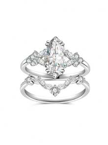 Bộ 2 chiếc nhẫn sang trọng bằng đồng khảm đá Cubic Zirconia hình mắt ngựa, gồm nhẫn chính và nhẫn phụ, thích hợp để đeo hàng ngày, dự tiệc hoặc đám cưới. - Nhiều màu - Xem 5