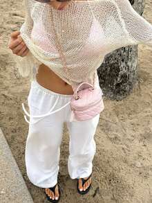 女士薄纱亮片针织长袖喇叭袖上衣，常规长度，略带弹性，适合度假、夏季、约会等场合。 - 米色 - 查看 3