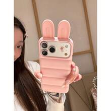3D兔耳羽绒服手机壳，可爱绗缝羽绒服风格软TPU保护套，防摔防震保护壳，兼容 17/16/15/14 Pro Max - 粉色 - 查看 4