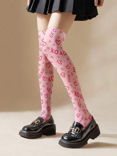 1/2 Pairs 360° Heart Print Thigh High Socks, Soft & Skin-Friendly Stretchy Fabric, Sweet & Energetic Girl Style, Suitable For JK Uniform, Lolita Fashion, Dates, Daily Commute, Slimming & Breathable, Versatile For Spring, Summer, Autumn