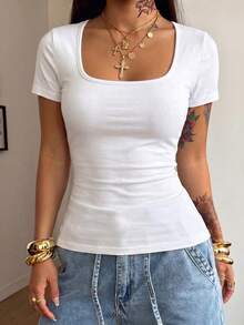 Blusa ajustada de manga corta sexy para mujer, camiseta casual de cuello cuadrado de unicolor, primavera/verano blanco - Blanco - Ver 2