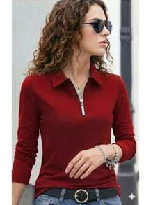 Women's Long-Sleeved Polo Shirt/Blouse - New Release. - Red - View 2