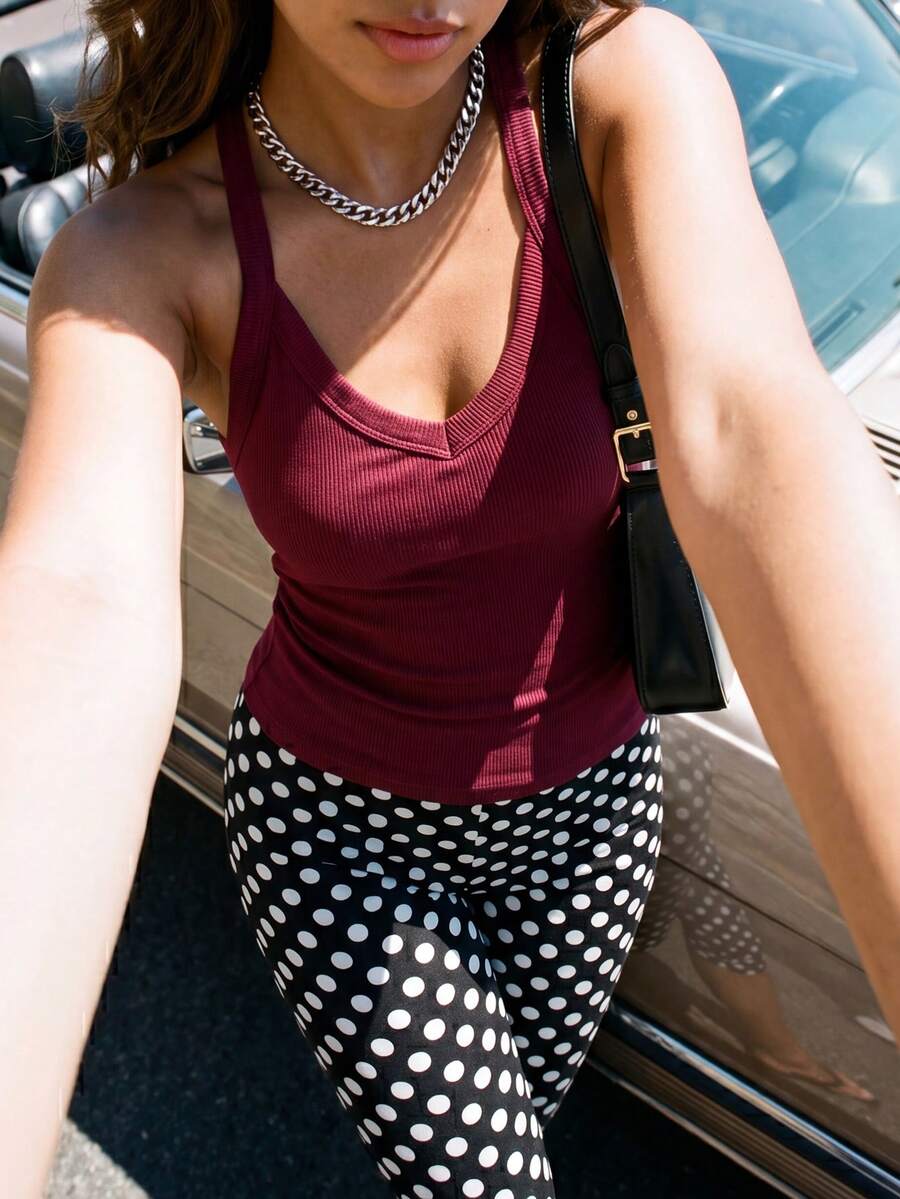 Áo camisole nữ màu đỏ rượu vang, cổ bèo nhún, ngắn, chất liệu polyester, co giãn vừa phải, thoải mái khi mặc hàng ngày. - Màu Đỏ Sâu - Xem 1