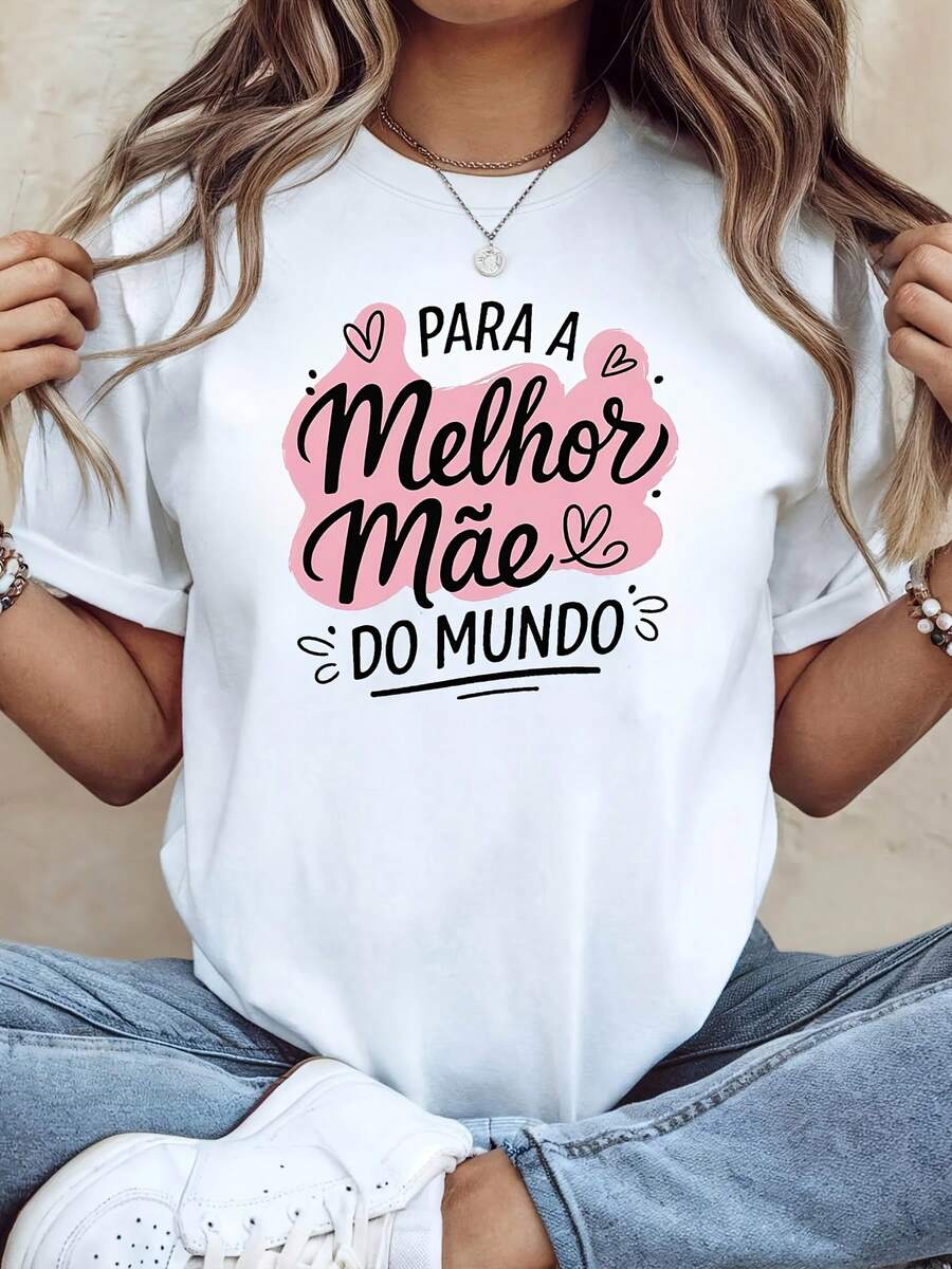 Women's T-Shirt With "PARA A Melhor Mãe Do Mo" (The Best Mother In The World) Print, Warm And Sweet Style, Short Sleeve, For Mother's Day And Family Outings - 白色 - 查看 1