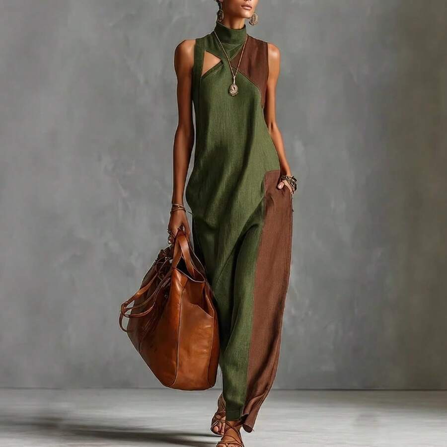 2026 European And American Summer New Fashion Color-Block Women's Casual Long Dress - 綠色 - 查看 1