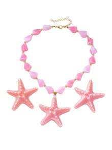 Set de 3 piezas de joyería de estrella de mar con cuentas de acrílico rosa, adecuado para uso diario, playa de verano, vacaciones y fiestas - Aretes y collar - Rosa - Ver 6