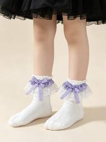 1 Pair Cotton Children's Lace Plaid Bow Ruffle Dance Princess Fashion Versatile Party Socks - Purple - View 7
