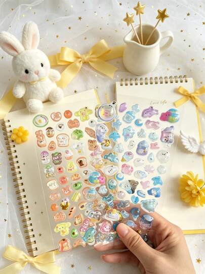 Kawaii Comet Stickers Collection - Three-Dimensional Stickers, Featuring Patterns Of Planets, Bears, And Moons. Suitable For Use As Decorations For Phone Cases, Journals, And Stationery. With 3D Embossed Design, Transparent Base And Colorful Inner Core. Made Of Child- Material. The Perfect Birthday Gift Choice.