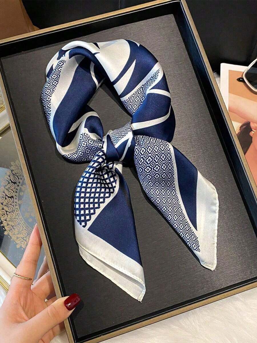 1pc Floral Print Faux Silk 70cm Square Scarf, Men's Bandana, Versatile Neck Scarf, Sun Protection,Holiday,Travel - 海軍藍 - 查看 1