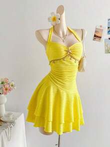 2026  Vestido mini de punto texturizado con cuello en V con volantes, decoración de estrella de mar y concha, hebilla metálica, apropiado para Navidad, cita, discoteca, estilo bohemio, vacaciones, otoño, vintage, fiesta para mujeres - Amarillo - Ver 6