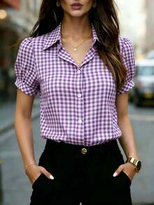 Camisa de mujer de manga corta a cuadros rojos con cuello - Camisa a cuadros casual y de negocios adecuada para la oficina, el trabajo, el hogar y el uso diario, primavera/verano/otoño - Morado - Ver 8