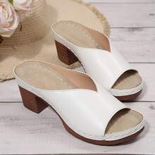 Giày sandal cao gót nữ, đế platform chống thấm nước màu trơn, gót chunky thoải mái, kiểu dáng slip-on tiện dụng, dép xỏ ngón mùa hè tối giản đi biển. - Màu be - Xem 7
