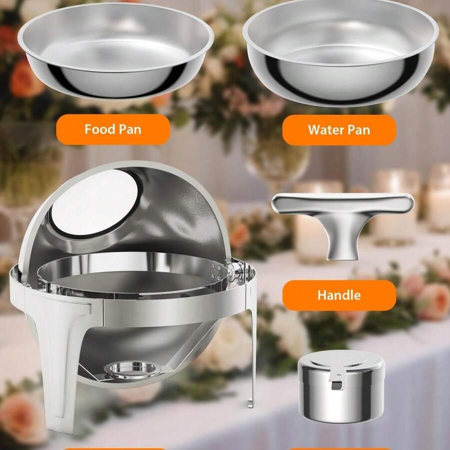 Juego de buffet de bandeja redonda de acero inoxidable superior con tapa enrollable y ventana de vidrio – Calentador de alimentos de tamaño completo de 6.3 QT para catering, fiestas, banquetes, servidor de buffet portátil, color plateado. - color original del acero inoxidable - Ver 1