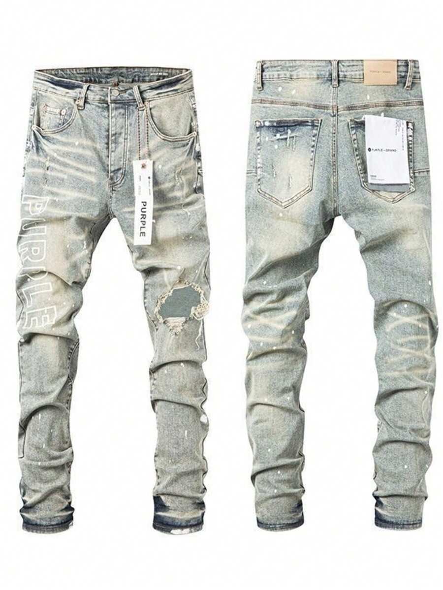 Men's High Street Ink Splattered Ripped Letter Logo Jeans, Men's Printed Retro Made Small Leg Pants - 中等水洗藍 - 查看 1