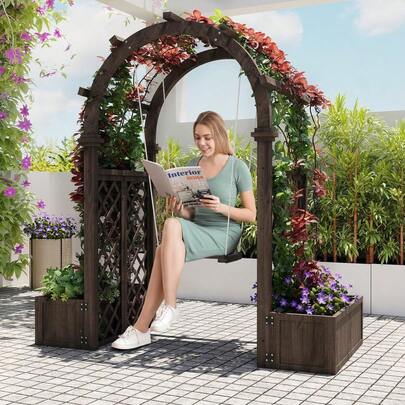 Pérgola de jardín de madera con maceteros y columpio – Arco de celosía para plantas trepadoras, vides, uvas – Jardín elevado – Ideal para decoración de patio trasero, bodas, fiestas o ceremonias – Fácil de montar