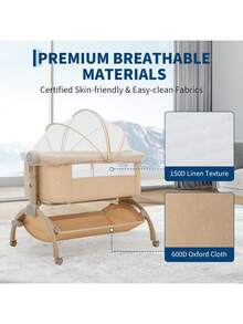 Cuna de bebé ajustable 3 en 1 para colocar junto a la cama – colchón de malla transpirable, ruedas, lateral plegable, cesta de almacenamiento, bolsa de viaje – moisés portátil para colecho con mosquitera – ideal para el hogar y viajes - Caqui - Ver 6