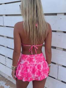 wohenmeili Bộ bikini gợi cảm mùa hè dành cho nữ, họa tiết hoa, kiểu buộc dây cổ, kèm áo khoác ngoài và váy. - Hoa màu hồng - Xem 9