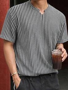 3件装男士V领短袖T恤，狗牙条纹纹理，透气针织面料，简约舒适休闲风格，夏季通勤和约会的理想之选 - 彩色 - 查看 11