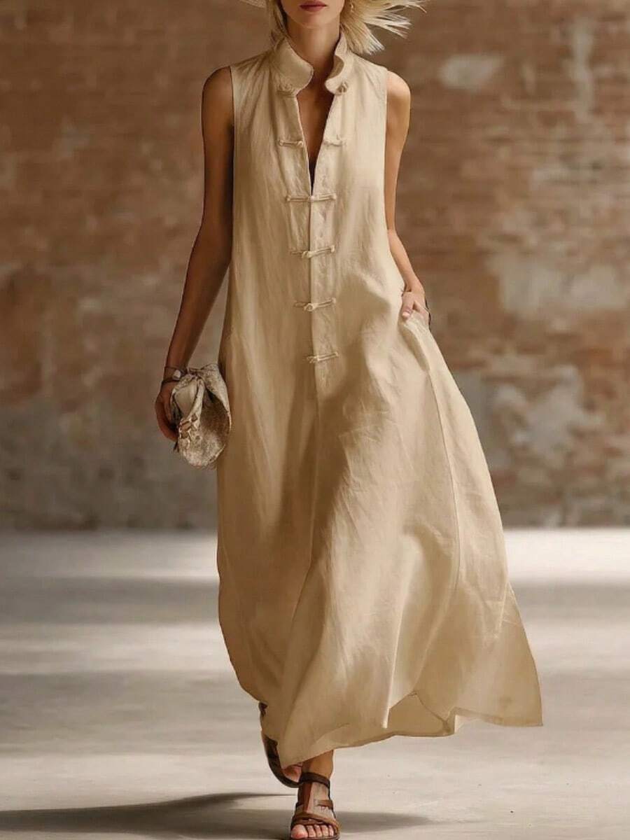 2026 New European And American Fashion Stand Collar Frog Button Loose Linen Cotton Long Dress - 卡其色 - 查看 1