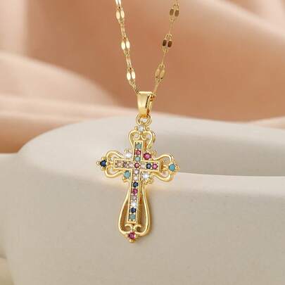 1pc Fashionable & Elegant Square Cubic Zirconia Colorful Cross Copper Gold-Plated Pendant Necklace, Suitable For Daily Wear, Prayer, And Gifts