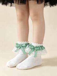 1 Pasang Kaos Kaki Anak-anak Katun Motif Renda Kotak-kotak Pita Ruffle untuk Pesta Dansa Putri Modis Serbaguna - Hijau - View 2