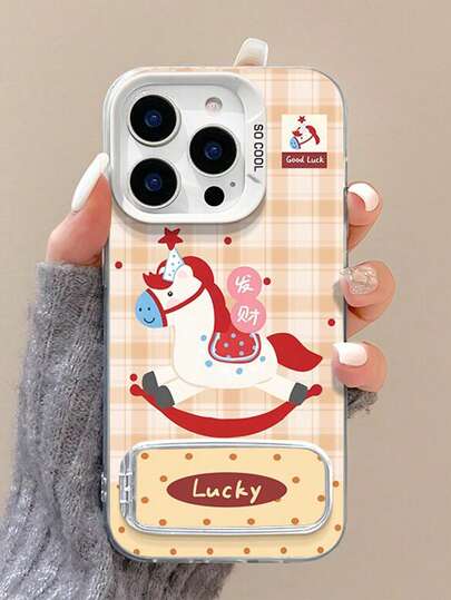 1个可爱高端卡通格纹招财马手机壳，兼容 17 Pro Max、17 Air、新款16/14 Pro Max、14 Plus/13 Pro，带镜面支架，哑光银色，12/11英寸全包防摔保护套