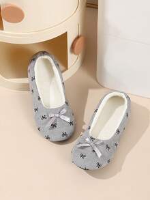 Women's New Solid Color Ballet Flats, Corduroy Material With Bow Decor, Indoor Comfortable Quiet Non-Slip Soft Bottom Fluffy Slip-On Slippers - Dark Grey - View 4