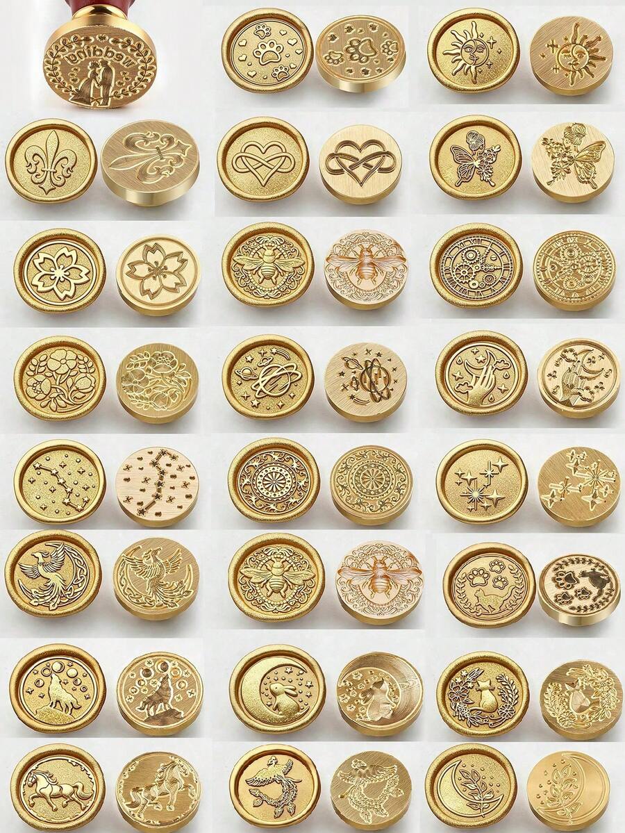 1 đầu đóng dấu bằng đồng thau (không bao gồm cán), các họa tiết bao gồm hình trái tim, động vật (mèo, ngựa, chó, ong, côn trùng), sao, trăng, thích hợp để đóng dấu lên thiệp mời cưới, phong bì và bao bì quà tặng. - mảnh đơn - Xem 1