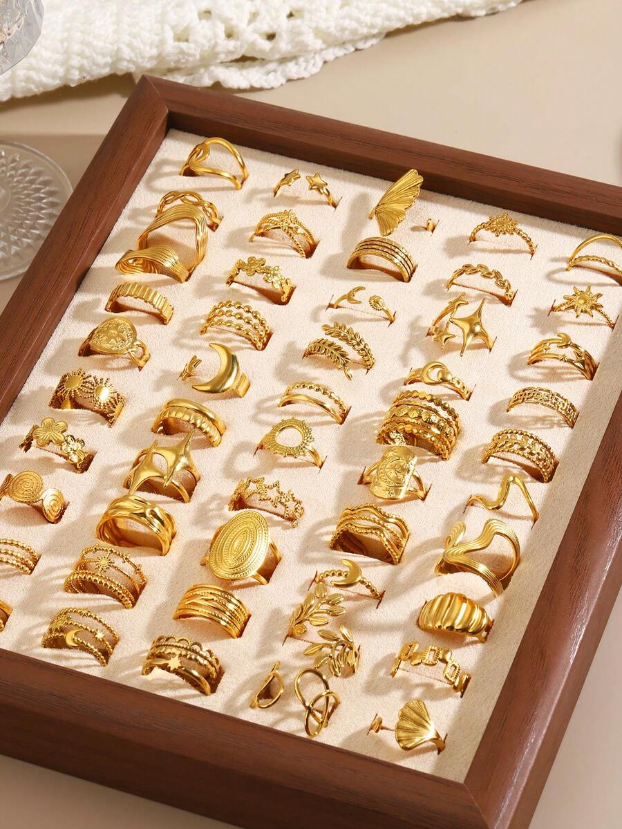 1/3/6/9/12 PCS Stainless Steel 18K Gold Plated Minimalist Star, Moon, Sun Rings, Suitable For Women's Daily Wear And Parties (Style Random) - Gold - View 1