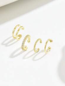 4件套时尚简约铜质C形水钻耳夹，男女皆宜，无需耳洞，可叠戴，日常休闲佩戴 - 金色 - View 4
