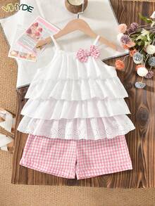 Bộ đồ nghỉ mát 2 món ren bèo nhún dễ thương cho bé gái và quần short - Màu Hồng baby - Xem 4