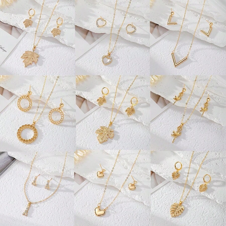 VKME 1/3/5/7 件套 金属材质 奢华树叶几何图案芭蕾舞女心形耳环+项链。女士首饰套装。日常百搭，适合休闲佩戴。（随机发货） - 金黃色 - 查看 1