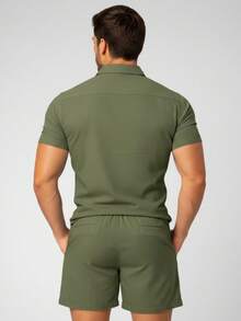 Men's Linen Set: Shirt And Shorts, Mauricinho Premium Style - xanh quân đội - Xem 2