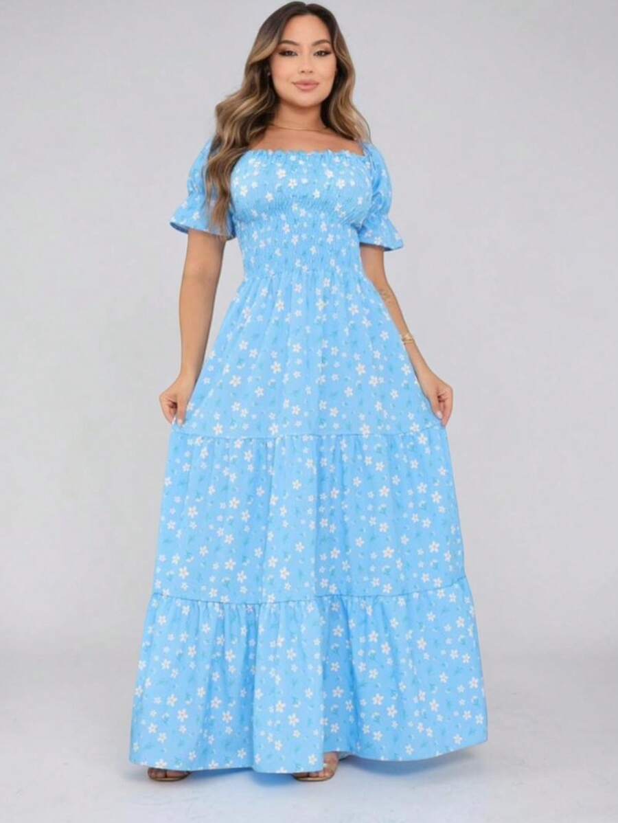 Women's Dress All-Over Print Leaf Boho Fabric Ruffle Hem Ruffled Ruched Long Beach Evening Birthday Party Baby Shower Garden Photoshoot - 藍白色 - 查看 1