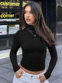 Women's Long Sleeve Turtleneck Blouse With Ribbed Knit Detail - Basic Style - Black - View 4