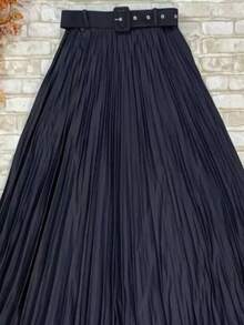 Long Pleated Skirt With Buckle Belt, Women's Fashion. - 黑色 - 查看 6