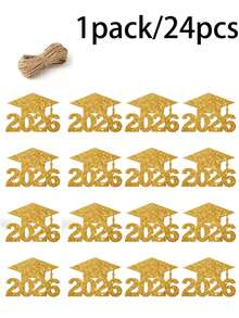 24件套毕业季中心装饰品，2026届毕业帽纸质剪纸，有3种颜色可选（黑色/银色/金色），配有麻绳，可重复使用，适用于毕业派对装饰、插花、餐桌装饰、拍照道具、毕业典礼等。非常适合2026届高中/大学毕业典礼、毕业派对、毕业礼物包装和毕业派对回礼。 - 多色 - 查看 10