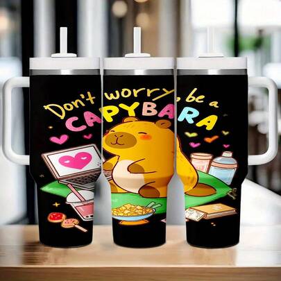 1pc 40oz H2.0 Insulated Water Bottle, Capybara Design, Double Wall Vacuum Stainless Steel, High-Quality Summer Hydration Gear, Portable Practical , Travel Mug, Iced Coffee Cup, Suitable For Outdoor Camping, Hiking, Driving, Travel, Perfect Gift Choice