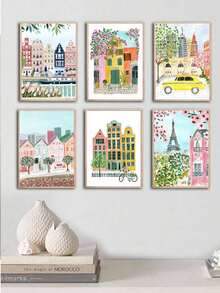6 Piezas/set Pinturas En Lienzo De Arte De Pared De La Acuarela Nórdica De Plantas, Flores, Edificios, Ciudades Y Paisajes, Para Sala De Estar, Habitación, Oficina Y Decoración Moderna Del Hogar - Tamaño - Ver 14