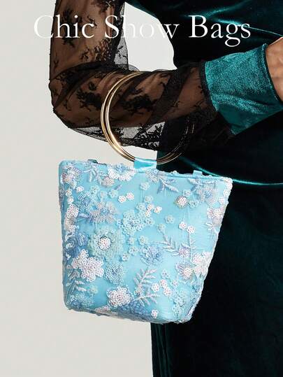 Sequin Beaded Bucket Bag For Women, Elegant Blue Floral Embroidery Handbag With Gold Metal Ring Handle, Perfect For Wedding Party Evening Clutch