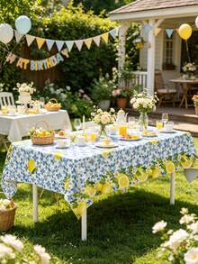 1pc Lemon Theme Tablecloth, Yellow Blue Lemon Floral Disposable Table Cover, Italian Theme Decor Table Cloth, Mediterranean Blue Summer Home Kitchen Dining Table Decor, Summer Party Decoraion, Summer Gifts, Wedding Decoration, Bridal Shower Party Supplies, Outdoor Camping Picnic Decoration Table Runner, Babe Shower Decoration, Room Decoration Table Flag, Home Decoration Table Skirt, Party Favor - Lemon - View 8
