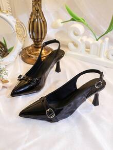 Giày cao gót nữ mũi nhọn, kiểu dáng thanh lịch, quai cài, chất liệu bóng, kiểu slingback, gót nhọn, màu đen, phù hợp cho công sở và hẹn hò. - màu đen - Xem 1