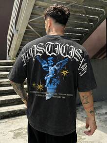 FRACTYR 男士夏季休闲街头风做旧丘比特天使印花针织衫，双面设计，宽松版型，美式哥特风格，透气柔软触感短袖百搭T恤 - 黑色 - 查看 3