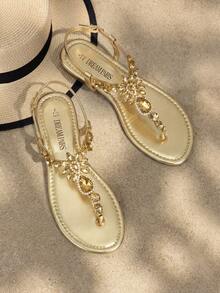 Sandalias planas de mujer Diamante de imitación Elegante Vacación - Dorado - Ver 1