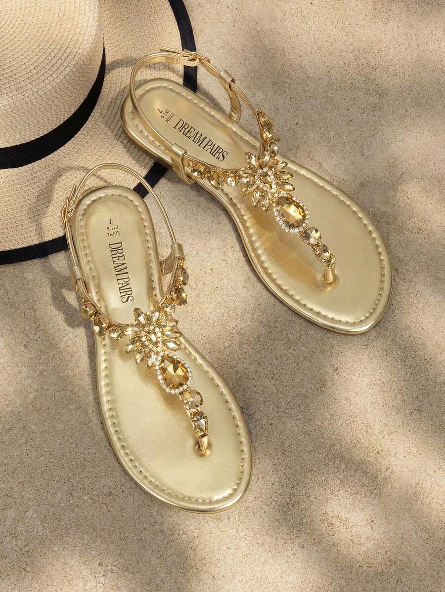 Sandalias planas de mujer Diamante de imitación Elegante Vacación - Dorado - Ver 1