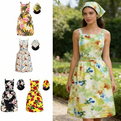 1 Set Retro Floral Apron Dress With Headscarf, Colorful Artistic Design Apron With Adjustable Crossed Straps, Suitable For Cooking, Housekeeping, Gardening And Halloween