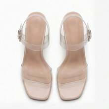 Women's High Heels, Transparent Crystal Chunky Heel Sandals, Adjustable Ankle Strap, Crystal Shoes, Elegant And Fashionable Style, Suitable For Everyday Wear, Banquets, Dances, Parties, Local Warehouse Shipping. - Màu be - Xem 3