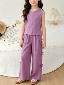 Bộ đồ đôi 2 món màu tím họa tiết thường ngày cho bé gái - Áo tank top không tay lưng họa tiết bướm + Quần ống rộng họa tiết bướm bên hông, bộ đồ mùa hè thoải mái và thoáng khí. - Màu tím - Xem 3