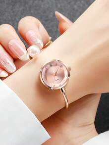 1pc Women's Gift Watch, Delicate Compact Minimalist Rhinestone Dial, Versatile Ladies Quartz Wrist Watch, Pearl Bracelet Design, Excluding Watch Box - Rose Gold - View 2
